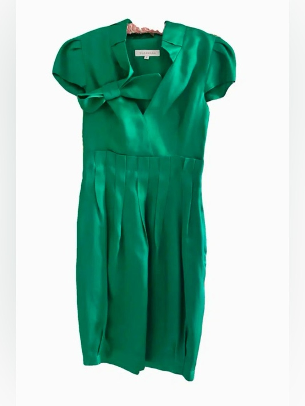 Suzannah London Emerald Green Silk Cap Sleeve Bow Dress